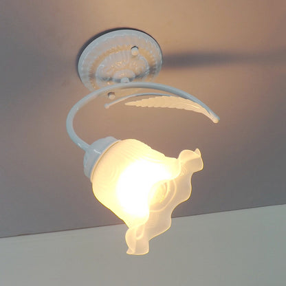 One Bulb Ceiling Light Fixture Rustic Scalloped Opal Glass Semi Flush in White/Black with Curved Arm White Clearhalo 'Ceiling Lights' 'Close To Ceiling Lights' 'Close to ceiling' 'Semi-flushmount' Lighting' 24182