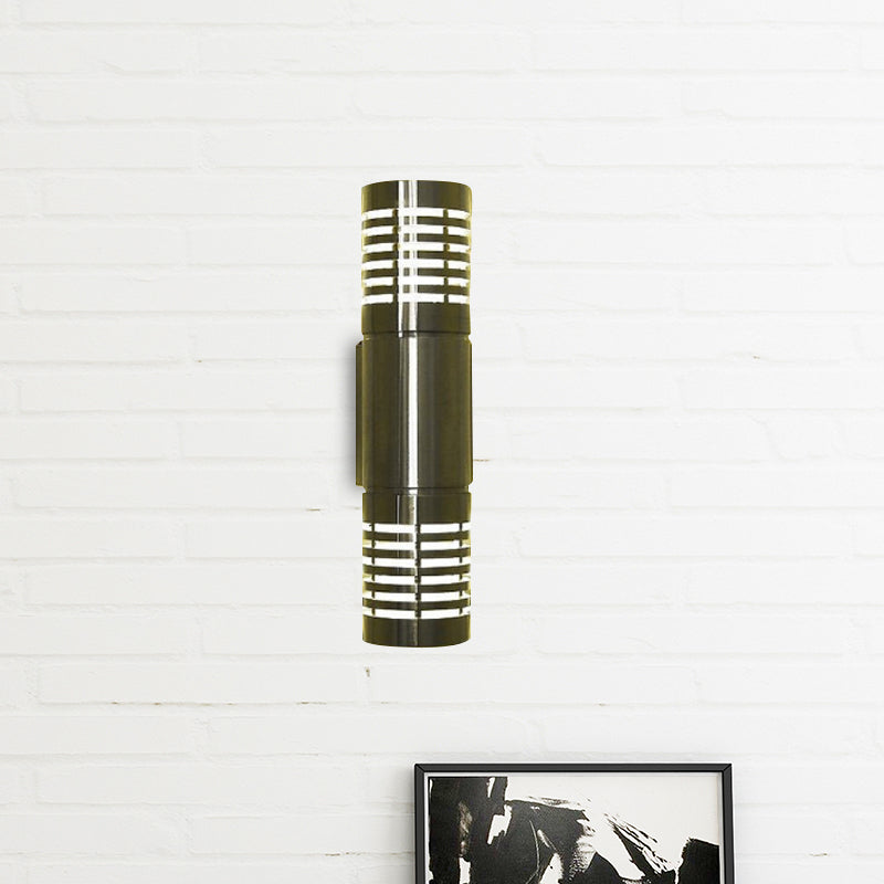 Cylinder Metallic Wall Lighting Modern LED Chrome Wall Mounted Lamp with Hollow Design in Warm/White Lighting Chrome Large Clearhalo 'Cast Iron' 'Glass' 'Industrial' 'Modern wall lights' 'Modern' 'Tiffany' 'Traditional wall lights' 'Wall Lamps & Sconces' 'Wall Lights' Lighting' 241862