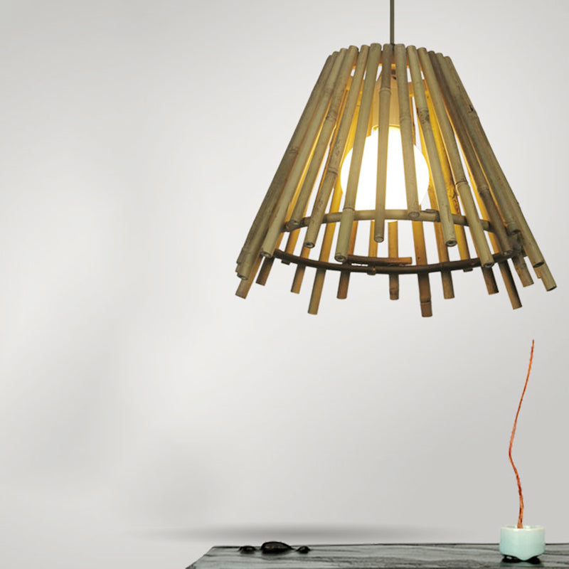 Bamboo Stick Cone Shade Ceiling Light Vintage One LED Bulb Natural Wood Suspension Lamp with Adjustable Cord Clearhalo 'Ceiling Lights' 'Modern Pendants' 'Modern' 'Pendant Lights' 'Pendants' Lighting' 241942