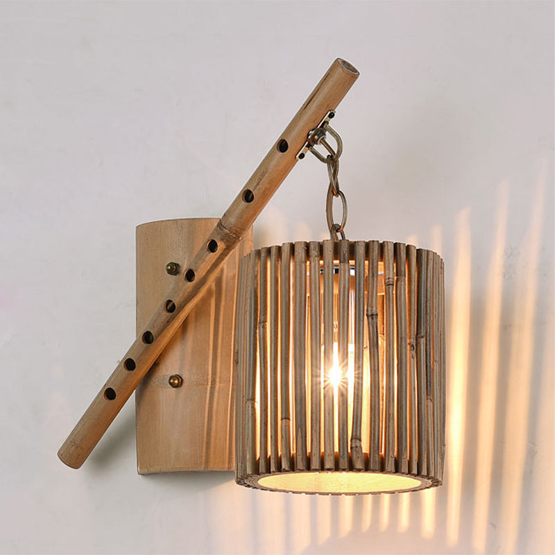 Bamboo Cylindrical Shade Wall Light Sconce Asian Style 1 Light Wood Wall Lamp with Flute Decoration, Left/Right Wood Left Clearhalo 'Wall Lamps & Sconces' 'Wall Lights' Lighting' 242000
