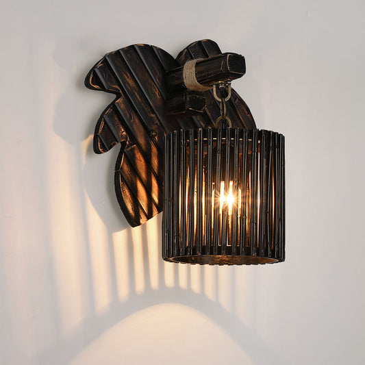 Black Finish Cylindrical Wall Lighting Lodge Stylish 1-Light Bamboo Wall Lamp with Wooden Leaf Backplate Clearhalo 'Modern wall lights' 'Modern' 'Wall Lamps & Sconces' 'Wall Lights' Lighting' 242002