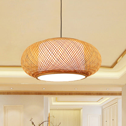 Curved Drum Bamboo Pendant Light Asian Stylish 16"/19.5" W 1 Light Beige Hanging Lamp for Living Room Beige Clearhalo 'Ceiling Lights' 'Pendant Lights' 'Pendants' Lighting' 242011_0c29236e-3360-4735-8c90-c4bf9323401d