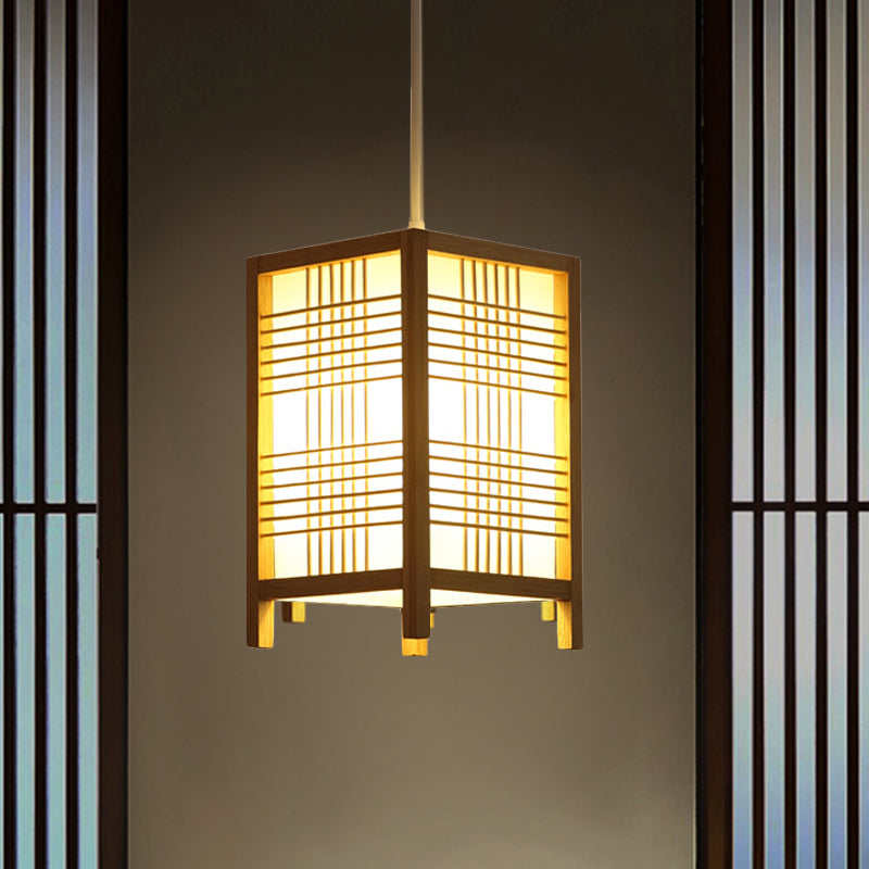 6"/8.5" Wide Wooden Square Hanging Lantern Light Japanese 1-Light Natural Wood Pendant Lamp for Foyer Dining Room Clearhalo 'Ceiling Lights' 'Pendant Lights' 'Pendants' Lighting' 242016