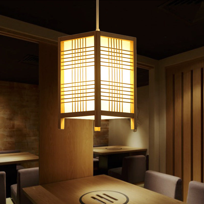 6"/8.5" Wide Wooden Square Hanging Lantern Light Japanese 1-Light Natural Wood Pendant Lamp for Foyer Dining Room Clearhalo 'Ceiling Lights' 'Pendant Lights' 'Pendants' Lighting' 242017