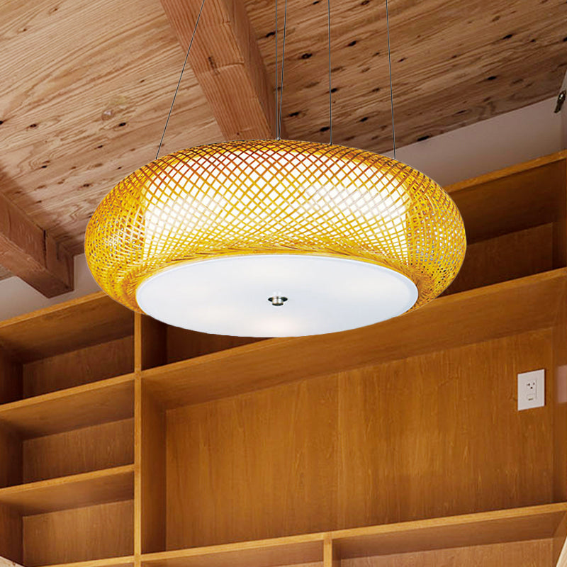 Brown/Wood Hand-Worked Hanging Light with Drum Shade Asian 1 Light Bamboo Suspension Lamp for Dining Room Clearhalo 'Ceiling Lights' 'Pendant Lights' 'Pendants' Lighting' 242157