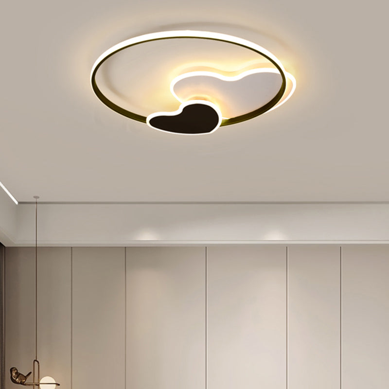 Black and White Heart Flushmount Simplicity LED Acrylic Ceiling Light with Metal Ring Black-White 16" Clearhalo 'Ceiling Lights' 'Close To Ceiling Lights' 'Close to ceiling' 'Flush mount' Lighting' 2422904
