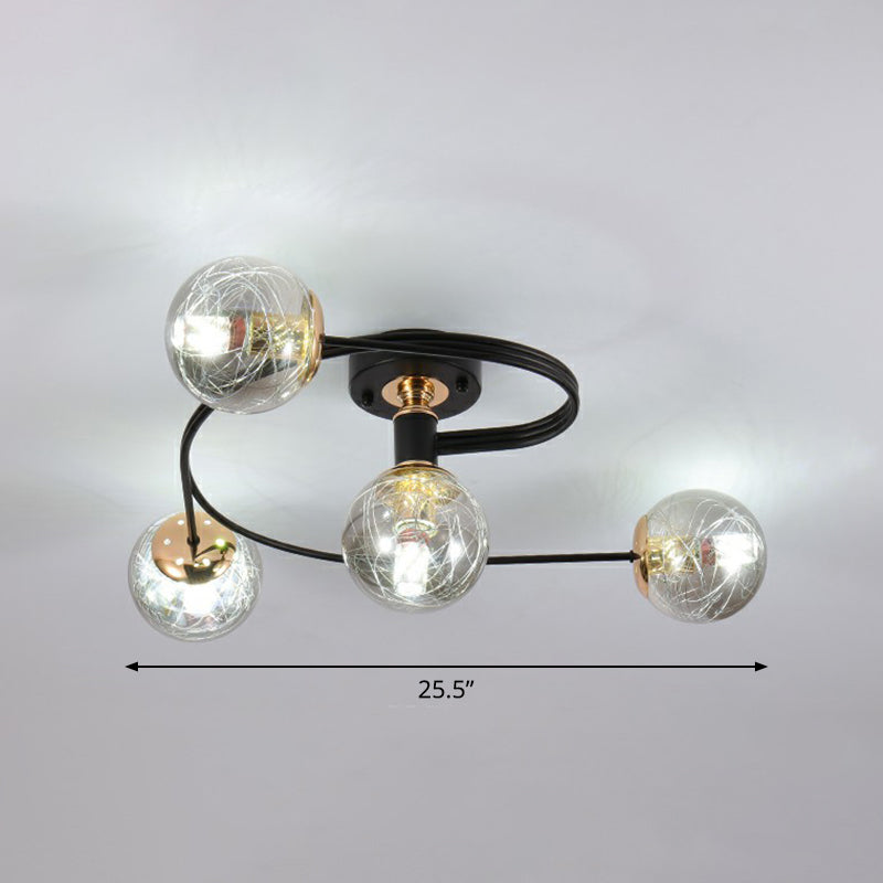 Glass Sphere Semi Flush Light Simple Style Black Ceiling Mount Lamp with Spiral Design 4 Smoke Gray Clearhalo 'Ceiling Lights' 'Close To Ceiling Lights' 'Close to ceiling' 'Semi-flushmount' Lighting' 2423009