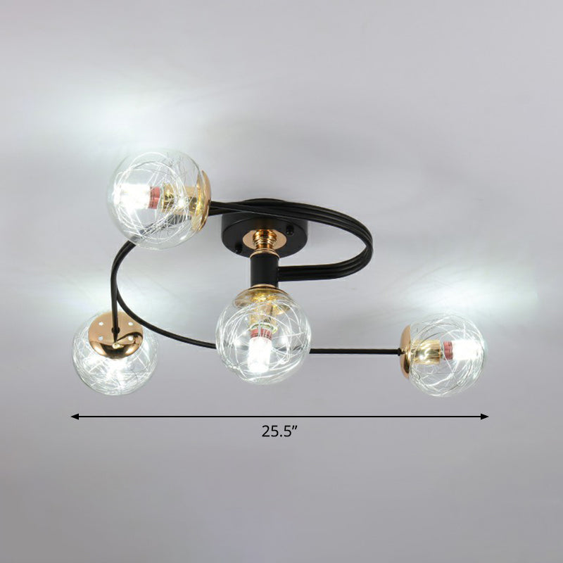 Glass Sphere Semi Flush Light Simple Style Black Ceiling Mount Lamp with Spiral Design 4 Clear Clearhalo 'Ceiling Lights' 'Close To Ceiling Lights' 'Close to ceiling' 'Semi-flushmount' Lighting' 2423010