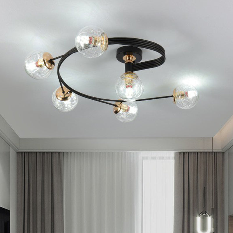 Glass Sphere Semi Flush Light Simple Style Black Ceiling Mount Lamp with Spiral Design 6 Clear Clearhalo 'Ceiling Lights' 'Close To Ceiling Lights' 'Close to ceiling' 'Semi-flushmount' Lighting' 2423011