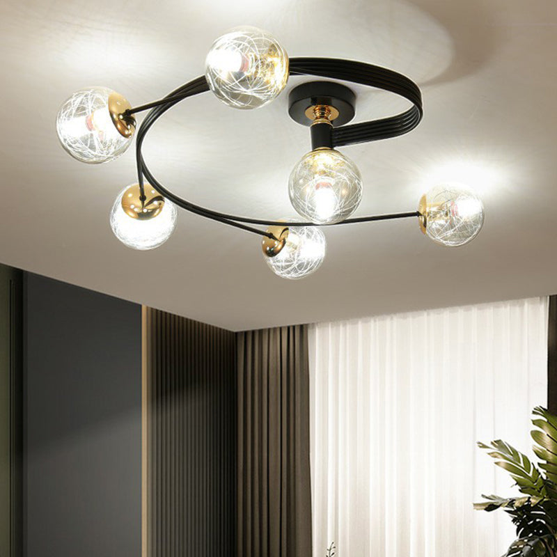 Glass Sphere Semi Flush Light Simple Style Black Ceiling Mount Lamp with Spiral Design Clearhalo 'Ceiling Lights' 'Close To Ceiling Lights' 'Close to ceiling' 'Semi-flushmount' Lighting' 2423013