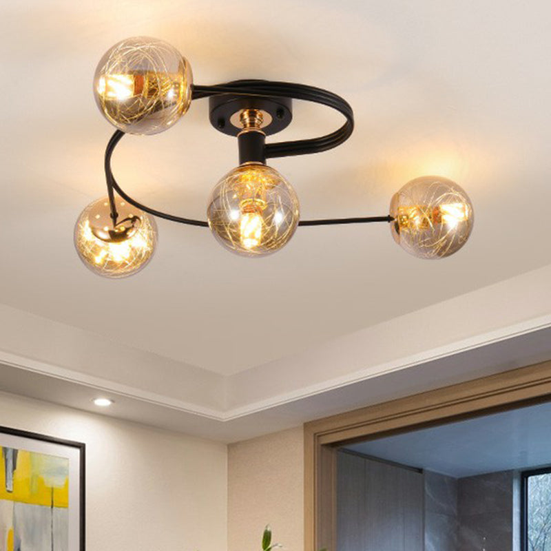 Glass Sphere Semi Flush Light Simple Style Black Ceiling Mount Lamp with Spiral Design Clearhalo 'Ceiling Lights' 'Close To Ceiling Lights' 'Close to ceiling' 'Semi-flushmount' Lighting' 2423014