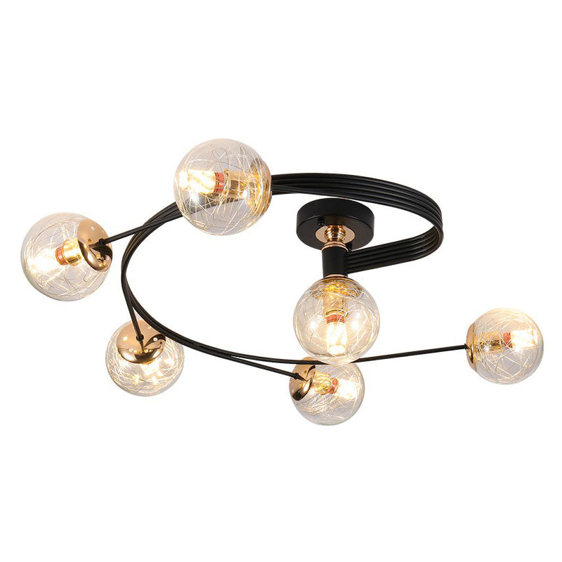 Glass Sphere Semi Flush Light Simple Style Black Ceiling Mount Lamp with Spiral Design Clearhalo 'Ceiling Lights' 'Close To Ceiling Lights' 'Close to ceiling' 'Semi-flushmount' Lighting' 2423015
