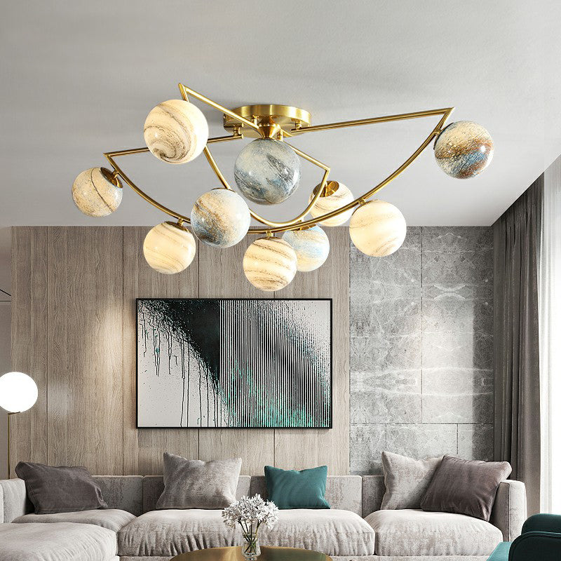 Cosmos Planet Ceiling Lamp Nordic Ombre Glass Bedroom Semi Flush Mount Chandelier in Gold
