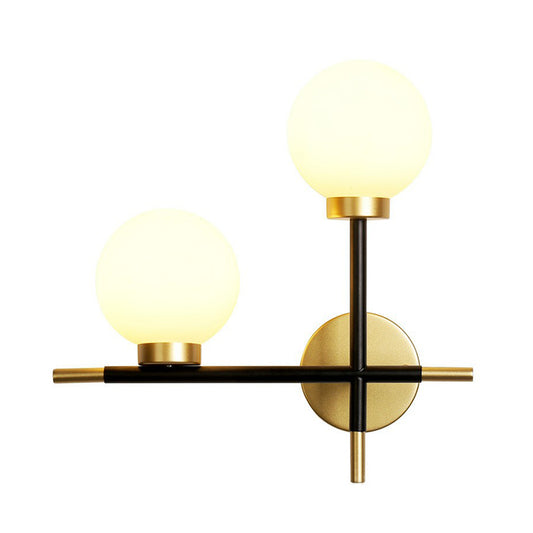 Mini Globe Milk Glass Wall Mount Light Modern 2-Light Black Sconce Fixture for Foyer Clearhalo 'Cast Iron' 'Glass' 'Industrial' 'Modern wall lights' 'Modern' 'Tiffany' 'Traditional wall lights' 'Wall Lamps & Sconces' 'Wall Lights' Lighting' 2423037