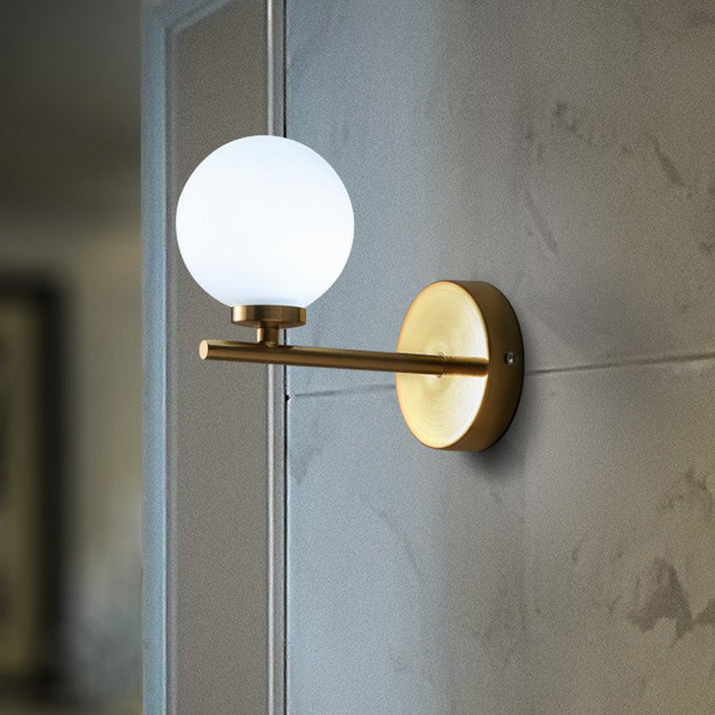 Ball Shade Wall Sconce Simplicity Ivory Glass Single Gold Finish Wall Light for Bedroom Clearhalo 'Cast Iron' 'Glass' 'Industrial' 'Modern wall lights' 'Modern' 'Tiffany' 'Traditional wall lights' 'Wall Lamps & Sconces' 'Wall Lights' Lighting' 2423042