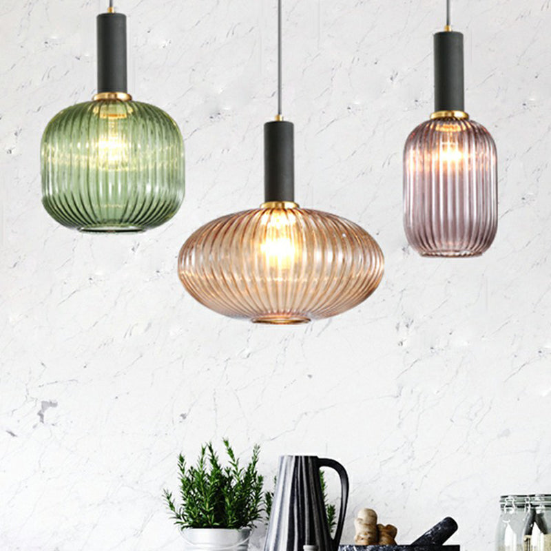 Bottle Shaped Dining Room Pendulum Light Ribbed Glass 1-Light Minimalist Hanging Light Fixture Clearhalo 'Ceiling Lights' 'Glass shade' 'Glass' 'Modern Pendants' 'Modern' 'Pendant Lights' 'Pendants' Lighting' 2423057