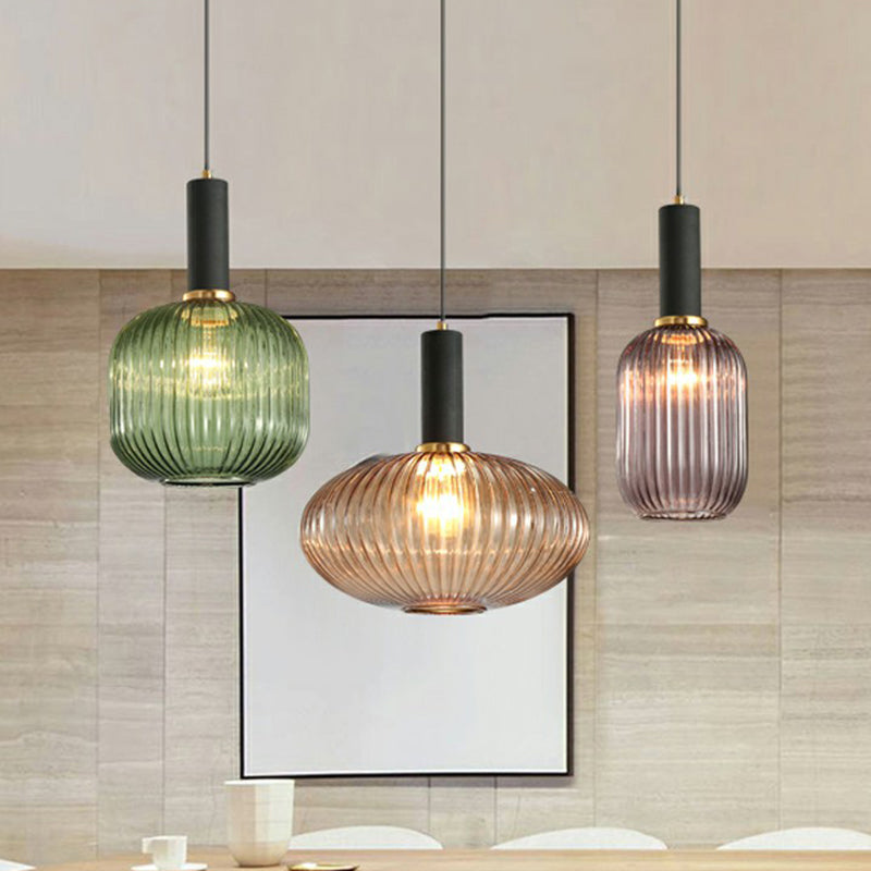 Bottle Shaped Dining Room Pendulum Light Ribbed Glass 1-Light Minimalist Hanging Light Fixture Clearhalo 'Ceiling Lights' 'Glass shade' 'Glass' 'Modern Pendants' 'Modern' 'Pendant Lights' 'Pendants' Lighting' 2423058