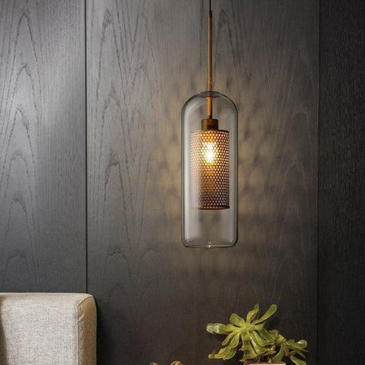 Geometric Clear Glass Ceiling Pendant Postmodern 1 Bulb Brass Finish Hanging Light with Mesh Inside Clear Oval Clearhalo 'Ceiling Lights' 'Chandeliers' 'Glass shade' 'Glass' 'Modern Pendants' 'Modern' 'Pendant Lights' 'Pendants' Lighting' 2423064