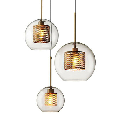 Geometric Clear Glass Ceiling Pendant Postmodern 1 Bulb Brass Finish Hanging Light with Mesh Inside Clear Globe Clearhalo 'Ceiling Lights' 'Chandeliers' 'Glass shade' 'Glass' 'Modern Pendants' 'Modern' 'Pendant Lights' 'Pendants' Lighting' 2423066