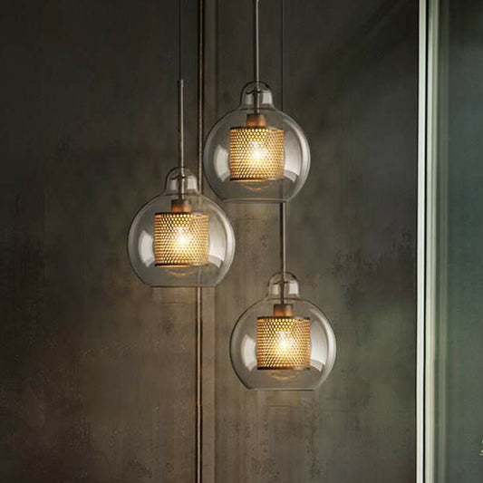 Geometric Clear Glass Ceiling Pendant Postmodern 1 Bulb Brass Finish Hanging Light with Mesh Inside Clearhalo 'Ceiling Lights' 'Chandeliers' 'Glass shade' 'Glass' 'Modern Pendants' 'Modern' 'Pendant Lights' 'Pendants' Lighting' 2423068