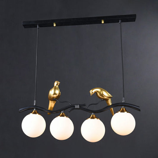 Minimalist Branch Island Lighting Metal 4-Light Dining Room Pendant Light with Ball Glass Shade and Bird Deco Black Milk White Clearhalo 'Ceiling Lights' 'Island Lights' Lighting' 2423079