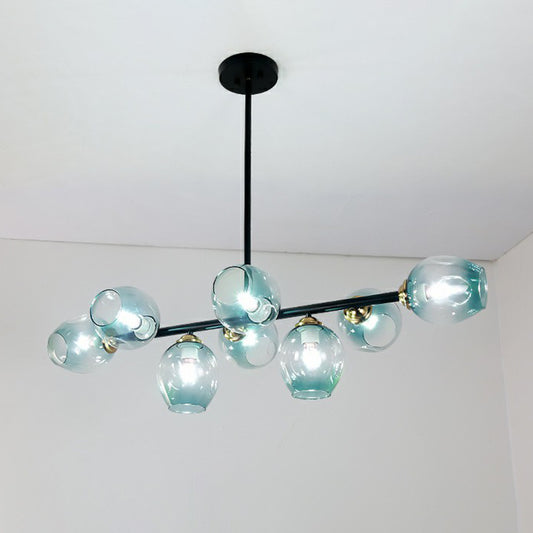 Linear Dining Room Ceiling Light Dimpled Glass 8-Bulb Minimalist Island Pendant Light Blue Clearhalo 'Ceiling Lights' 'Chandeliers' 'Modern Chandeliers' 'Modern' Lighting' 2423090