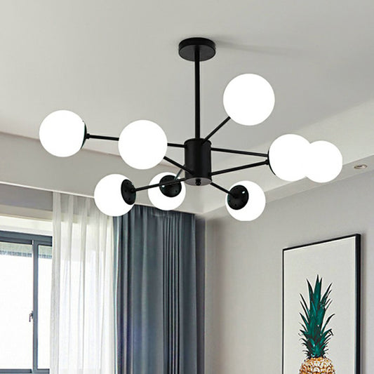 Black Burst Hanging Lamp Modern Metal Chandelier with Ball Opaline Glass Shade for Bedroom 8 Black Clearhalo 'Ceiling Lights' 'Chandeliers' 'Modern Chandeliers' 'Modern' Lighting' 2423093