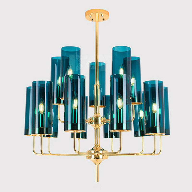 Cylindrical Up Chandelier Postmodern Glass Brass Finish Hanging Light for Living Room Clearhalo 'Ceiling Lights' 'Chandeliers' 'Modern Chandeliers' 'Modern' Lighting' 2423111