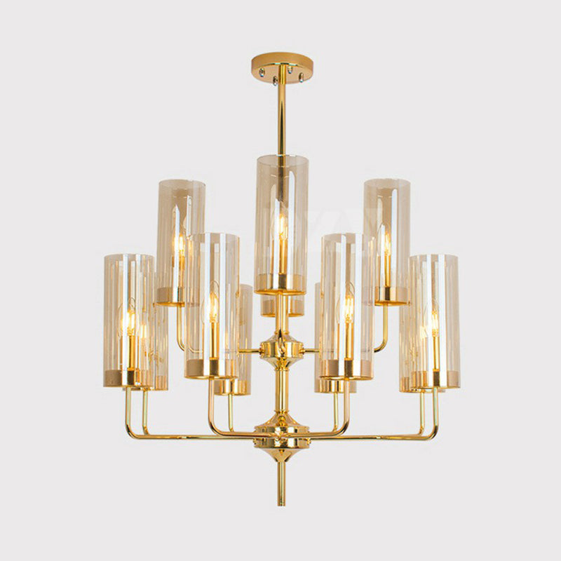 Cylindrical Up Chandelier Postmodern Glass Brass Finish Hanging Light for Living Room Clearhalo 'Ceiling Lights' 'Chandeliers' 'Modern Chandeliers' 'Modern' Lighting' 2423113