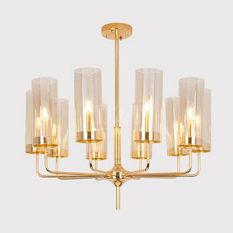 Cylindrical Up Chandelier Postmodern Glass Brass Finish Hanging Light for Living Room 10 Tan Clearhalo 'Ceiling Lights' 'Chandeliers' 'Modern Chandeliers' 'Modern' Lighting' 2423114