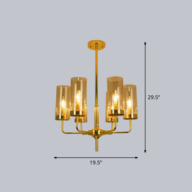 Cylindrical Up Chandelier Postmodern Glass Brass Finish Hanging Light for Living Room 6 Tan Clearhalo 'Ceiling Lights' 'Chandeliers' 'Modern Chandeliers' 'Modern' Lighting' 2423117