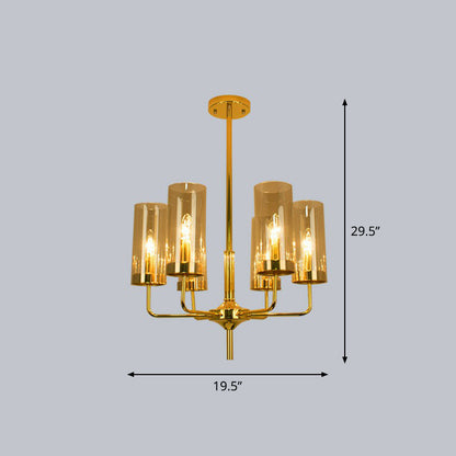 Cylindrical Up Chandelier Postmodern Glass Brass Finish Hanging Light for Living Room 6 Tan Clearhalo 'Ceiling Lights' 'Chandeliers' 'Modern Chandeliers' 'Modern' Lighting' 2423117