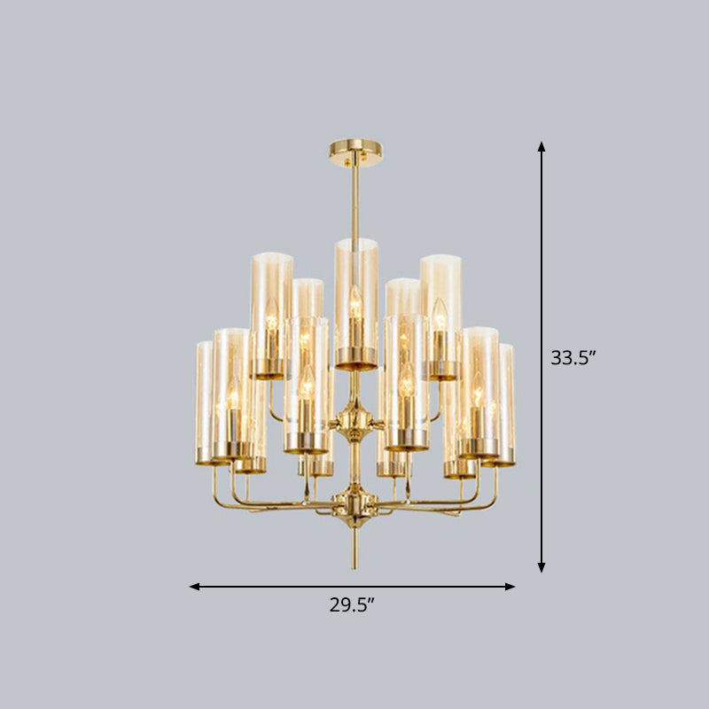 Cylindrical Up Chandelier Postmodern Glass Brass Finish Hanging Light for Living Room 15 Tan Clearhalo 'Ceiling Lights' 'Chandeliers' 'Modern Chandeliers' 'Modern' Lighting' 2423119