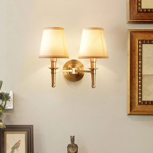 Brass Taper Wall Lamp Fixture Modern Single-Bulb Fabric Wall Sconce for Corridor 2.0 Brass Clearhalo 'Cast Iron' 'Glass' 'Industrial' 'Modern wall lights' 'Modern' 'Tiffany' 'Traditional wall lights' 'Wall Lamps & Sconces' 'Wall Lights' Lighting' 2423152