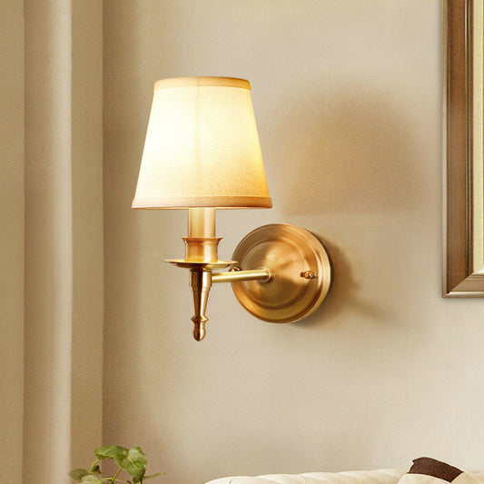 Brass Taper Wall Lamp Fixture Modern Single-Bulb Fabric Wall Sconce for Corridor 1.0 Brass Clearhalo 'Cast Iron' 'Glass' 'Industrial' 'Modern wall lights' 'Modern' 'Tiffany' 'Traditional wall lights' 'Wall Lamps & Sconces' 'Wall Lights' Lighting' 2423153