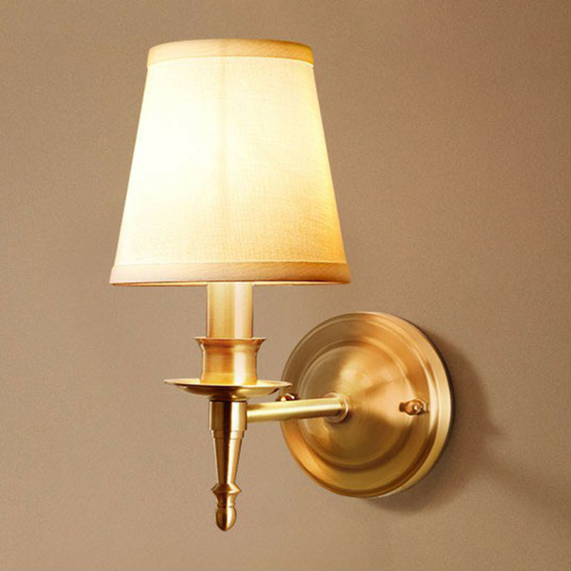 Brass Taper Wall Lamp Fixture Modern Single-Bulb Fabric Wall Sconce for Corridor Clearhalo 'Cast Iron' 'Glass' 'Industrial' 'Modern wall lights' 'Modern' 'Tiffany' 'Traditional wall lights' 'Wall Lamps & Sconces' 'Wall Lights' Lighting' 2423154