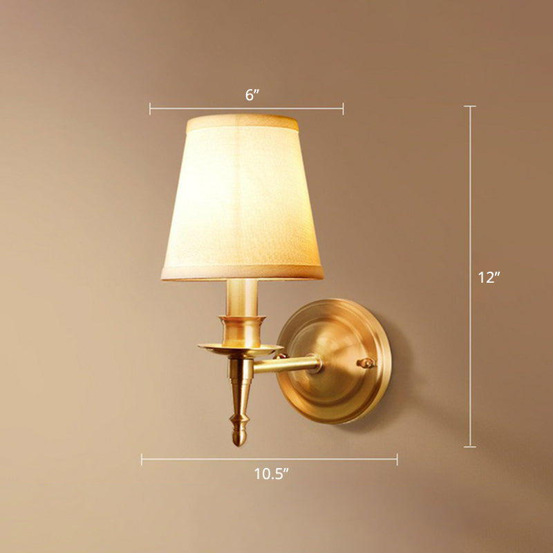 Brass Taper Wall Lamp Fixture Modern Single-Bulb Fabric Wall Sconce for Corridor Clearhalo 'Cast Iron' 'Glass' 'Industrial' 'Modern wall lights' 'Modern' 'Tiffany' 'Traditional wall lights' 'Wall Lamps & Sconces' 'Wall Lights' Lighting' 2423156