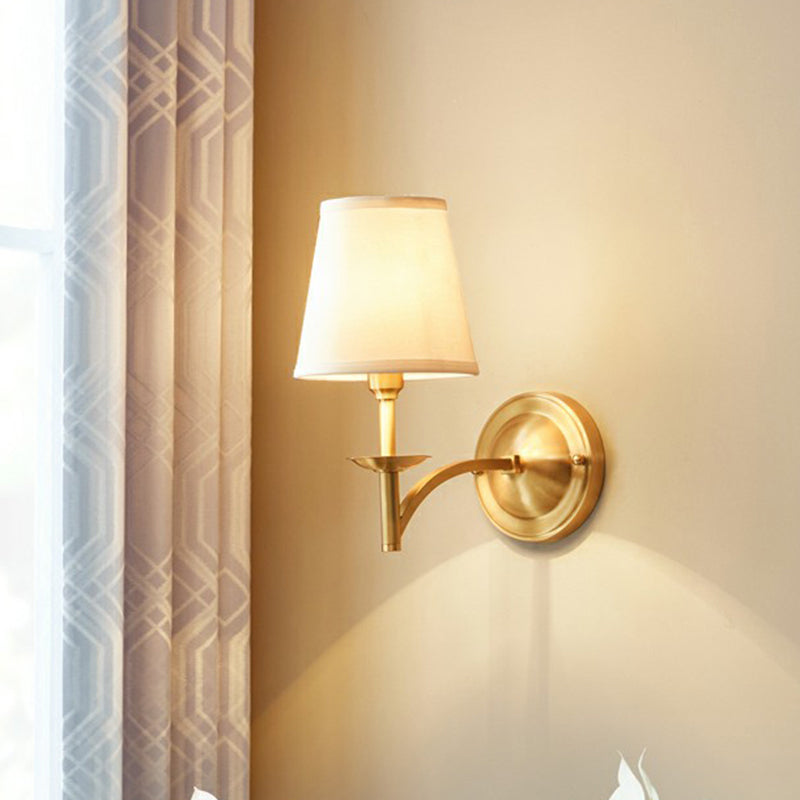 Simplicity 1-Bulb Sconce Lamp Brass Tapered Wall Light with Fabric Shade for Dining Room Brass Clearhalo 'Cast Iron' 'Glass' 'Industrial' 'Modern wall lights' 'Modern' 'Tiffany' 'Traditional wall lights' 'Wall Lamps & Sconces' 'Wall Lights' Lighting' 2423157