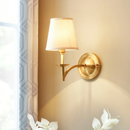 Simplicity 1-Bulb Sconce Lamp Brass Tapered Wall Light with Fabric Shade for Dining Room Clearhalo 'Cast Iron' 'Glass' 'Industrial' 'Modern wall lights' 'Modern' 'Tiffany' 'Traditional wall lights' 'Wall Lamps & Sconces' 'Wall Lights' Lighting' 2423158
