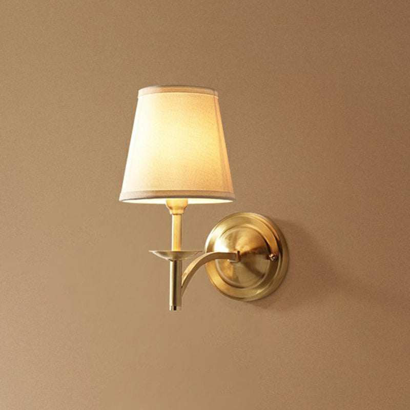 Simplicity 1-Bulb Sconce Lamp Brass Tapered Wall Light with Fabric Shade for Dining Room Clearhalo 'Cast Iron' 'Glass' 'Industrial' 'Modern wall lights' 'Modern' 'Tiffany' 'Traditional wall lights' 'Wall Lamps & Sconces' 'Wall Lights' Lighting' 2423159