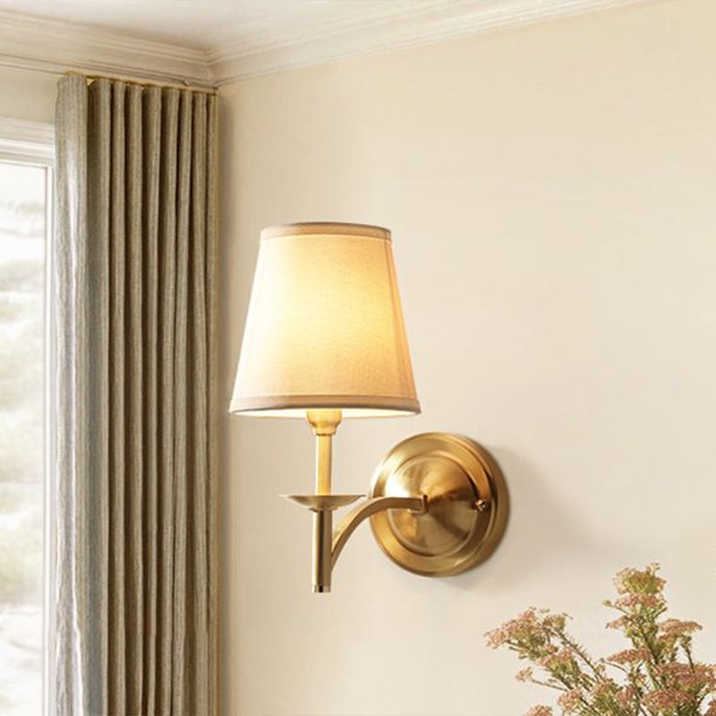 Simplicity 1-Bulb Sconce Lamp Brass Tapered Wall Light with Fabric Shade for Dining Room Clearhalo 'Cast Iron' 'Glass' 'Industrial' 'Modern wall lights' 'Modern' 'Tiffany' 'Traditional wall lights' 'Wall Lamps & Sconces' 'Wall Lights' Lighting' 2423160