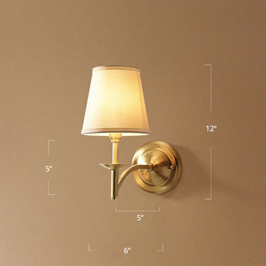 Simplicity 1-Bulb Sconce Lamp Brass Tapered Wall Light with Fabric Shade for Dining Room Clearhalo 'Cast Iron' 'Glass' 'Industrial' 'Modern wall lights' 'Modern' 'Tiffany' 'Traditional wall lights' 'Wall Lamps & Sconces' 'Wall Lights' Lighting' 2423161