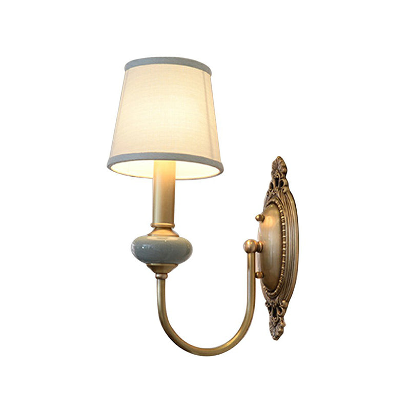 Brass Swoop Arm Sconce Light Traditional Metal Living Room Wall Lamp with Tapered Fabric Shade 1.0 Brass Clearhalo 'Wall Lamps & Sconces' 'Wall Lights' Lighting' 2423163