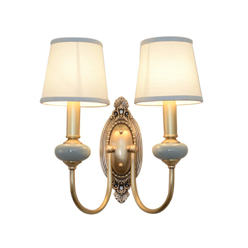 Brass Swoop Arm Sconce Light Traditional Metal Living Room Wall Lamp with Tapered Fabric Shade 2.0 Brass Clearhalo 'Wall Lamps & Sconces' 'Wall Lights' Lighting' 2423164