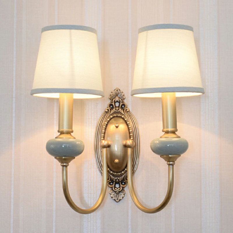 Brass Swoop Arm Sconce Light Traditional Metal Living Room Wall Lamp with Tapered Fabric Shade Clearhalo 'Wall Lamps & Sconces' 'Wall Lights' Lighting' 2423165