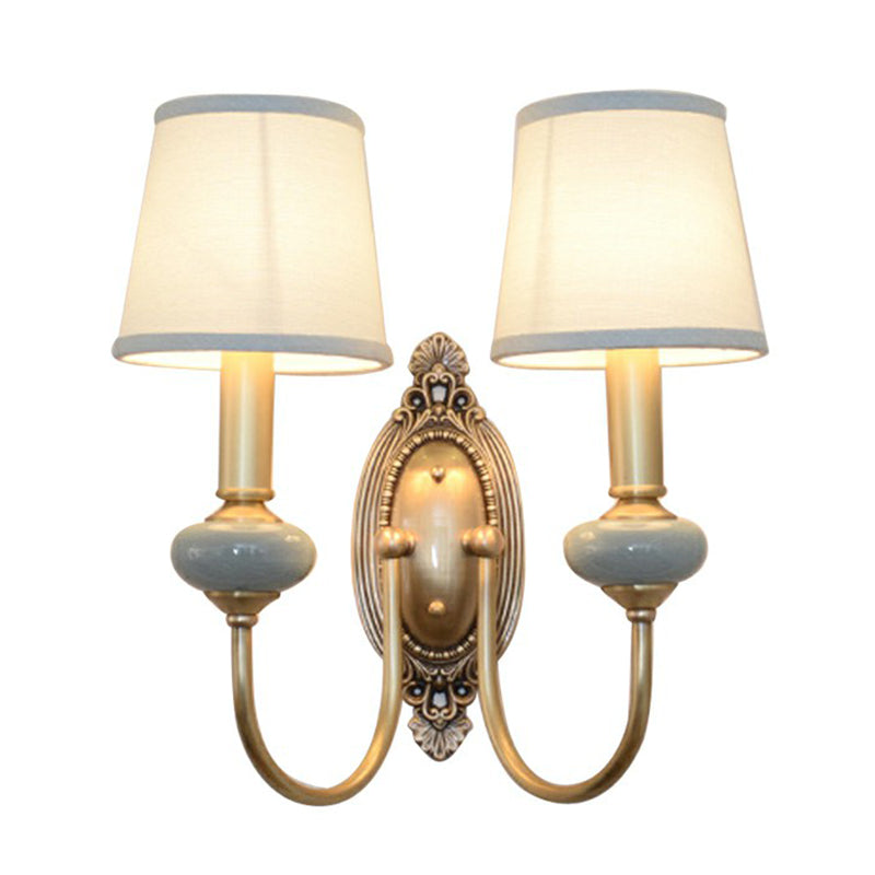 Brass Swoop Arm Sconce Light Traditional Metal Living Room Wall Lamp with Tapered Fabric Shade Clearhalo 'Wall Lamps & Sconces' 'Wall Lights' Lighting' 2423166