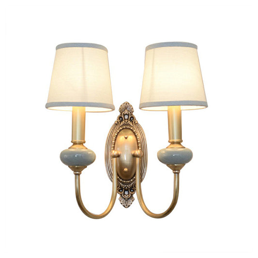 Brass Swoop Arm Sconce Light Traditional Metal Living Room Wall Lamp with Tapered Fabric Shade Clearhalo 'Wall Lamps & Sconces' 'Wall Lights' Lighting' 2423167