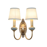 Brass Swoop Arm Sconce Light Traditional Metal Living Room Wall Lamp with Tapered Fabric Shade Clearhalo 'Wall Lamps & Sconces' 'Wall Lights' Lighting' 2423167