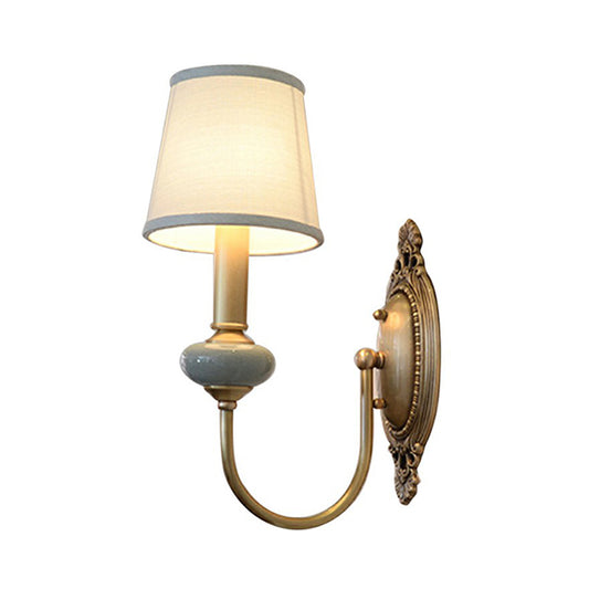 Brass Swoop Arm Sconce Light Traditional Metal Living Room Wall Lamp with Tapered Fabric Shade Clearhalo 'Wall Lamps & Sconces' 'Wall Lights' Lighting' 2423168