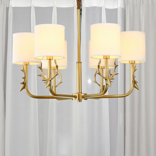 Brass Deer Chandelier Light Minimalistic Metal Hanging Lamp with Cylinder Fabric Shade 6 Brass Clearhalo 'Ceiling Lights' 'Chandeliers' 'Modern Chandeliers' 'Modern' Lighting' 2423179